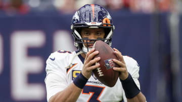 Dec 3, 2023; Houston, Texas, USA; Denver Broncos quarterback Russell Wilson (3) warms up before playing against the Houston Texans at NRG Stadium. Mandatory Credit: Thomas Shea-USA TODAY Sports