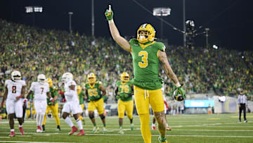 Nov 9, 2024; Eugene, Oregon, USA; Oregon Ducks tight end Terrance Ferguson (3) celebrates after catching a touchdown pass during the first half against the Maryland Terrapins at Autzen Stadium. Mandatory Credit: Troy Wayrynen-Imagn Images