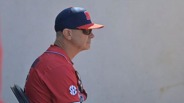 Ole Miss head coach Mike Bianco (5) looks out against Mississippi State in Oxford, Miss. on Saturday, March 28, 2026.