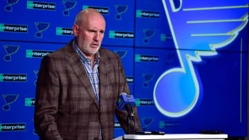 Feb 18, 2020; St. Louis, Missouri, USA;  St. Louis Blues general manager Doug Armstrong talks with the media about the acquisition of defenseman Marco Scandella from the Montreal Canadians prior to a game against the New Jersey Devils at Enterprise Center. Mandatory Credit: Jeff Curry-USA TODAY Sports