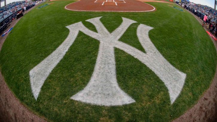 Mar 18, 2016; Tampa, FL, USA; A view of the field and the New York Yankees logo before the game