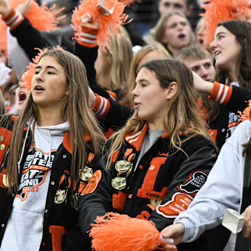 The Liberty Center student section cheers on their team during the 2023 Division V football state championship game.