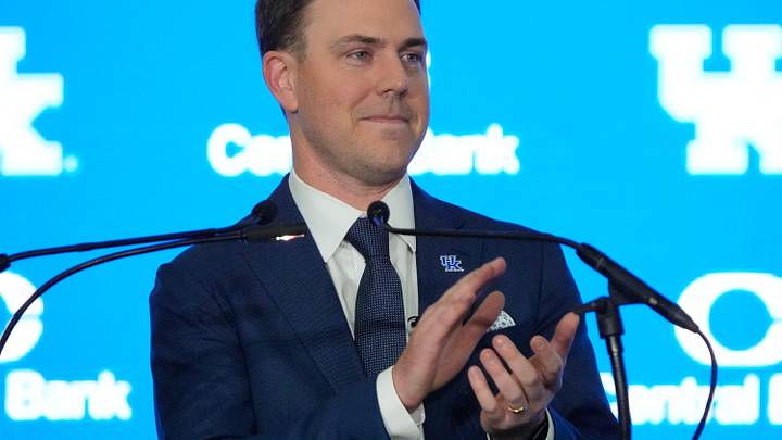 New Kentucky Wildcat head coach Will Stein makes remarks as he is introduced at Kentucky on Wednesday, December 3, 2025