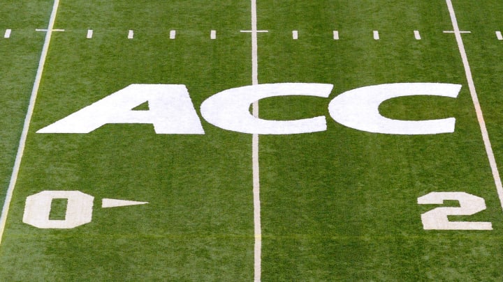 Sep 14, 2013; Syracuse, NY, USA; General view of the Atlantic Coast Conference logo on the field at