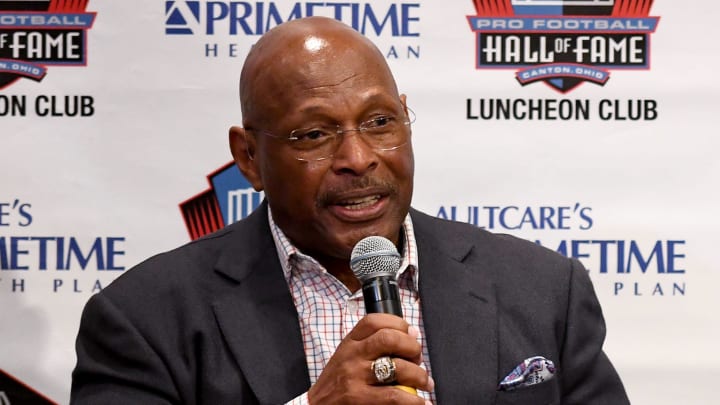 Former Ohio State and Cincinnati Bengals play Archie Griffin talks with Frank Cilona, President of the Pro Football Hall of Fame Luncheon Club during the Luncheon Club. Monday, May 13, 2024.