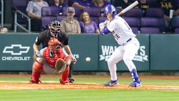 Cajuns catcher Jose Torres 47 working behind the plate as LSU Tigers take on Louisianas Ragin Cajuns at Alex Box Stadium in Baton Rouge, LA. Tuesday, March 25, 2025.