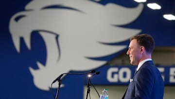 New Kentucky Wildcat head coach Will Stein makes remarks as he is introduced at Kentucky on Wednesday, December 3, 2025