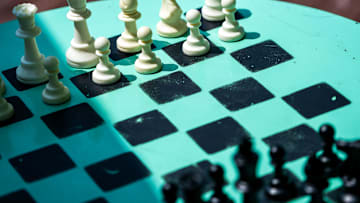 Chess pieces sit ready for play Tuesday, June 3, 2025, at SPARK on the Circle along Monument Circle in Indianapolis.