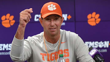 Clemson football head coach Dabo Swinney talks with media before the first football practice at the Allen N. Reeves Football Complex at Clemson University in Clemson, S.C. Friday, February 28, 2025.