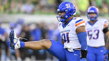 Sep 7, 2024; Eugene, Oregon, USA; Boise State Broncos defensive end Ahmed Hassanein (91) celebrates after sacking Oregon Ducks quarterback Dillon Gabriel (8) during the first half at Autzen Stadium. Mandatory Credit: Troy Wayrynen-Imagn Images