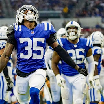 Indianapolis Colts cornerback Chris Lammons (35) celebrates recovering a fumble during a pre-season game between the Indianapolis Colts and the Denver Broncos on Sunday, August. 11, 2024 at Lucas Oil Stadium in Indianapolis.