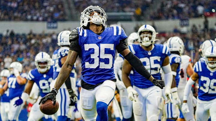 Indianapolis Colts cornerback Chris Lammons (35) celebrates recovering a fumble during a pre-season game between the Indianapolis Colts and the Denver Broncos on Sunday, August. 11, 2024 at Lucas Oil Stadium in Indianapolis.