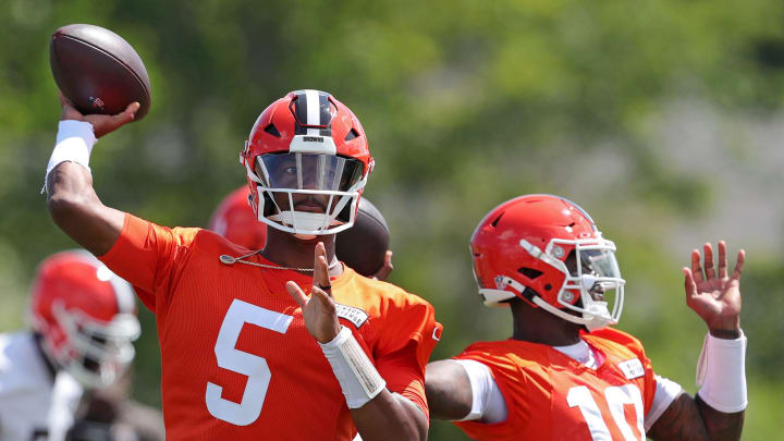 Browns quarterback Jameis Winston (5) participates in quarterback drills with Tyler Huntley during minicamp, Tuesday, June 11, 2024, in Berea.