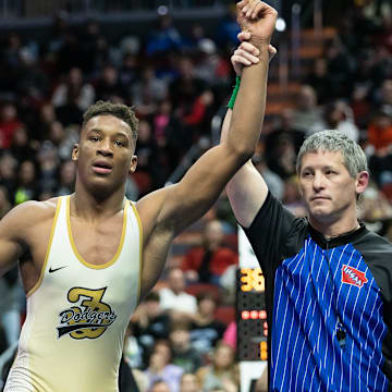 Dreshaun Ross, Fort Dodge, wins the Class 3A 195-pound state wrestling championship, on Saturday, Feb. 18, 2023, at Wells Fargo Arena, in Des Moines.