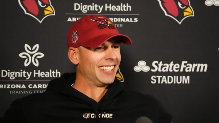 Arizona Cardinals head coach Jonathan Gannon during an NFL pre-draft news conference at the Cardinals Dignity Health Training Center in Tempe on April 18, 2024.