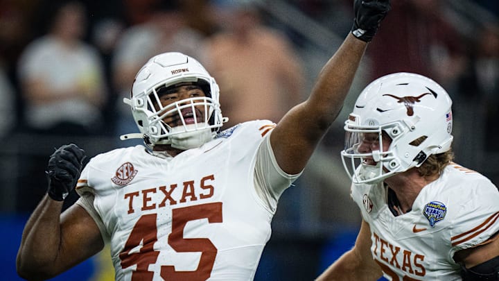 Texas Longhorns defensive lineman Vernon Broughton (45) celebrates a quarterback sack in the third quarter as the Texas Longhorns play the Ohio State Buckeyes in the Cotton Bowl College Football Playoff semi-final at AT&T Stadium in Dallas, Texas, Jan. 10, 2025.