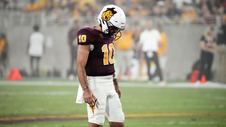 Arizona State Sun Devils quarterback Drew Pyne (10) reacts during action against the Fresno State Bulldogs in the first half at Mountain America Stadium in Tempe on Sept. 16, 2023.