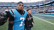 Oct 12, 2025; Charlotte, North Carolina, USA; Carolina Panthers safety Tre'von Moehrig (7) looks on after the game against the Dallas Cowboys at Bank of America Stadium. 