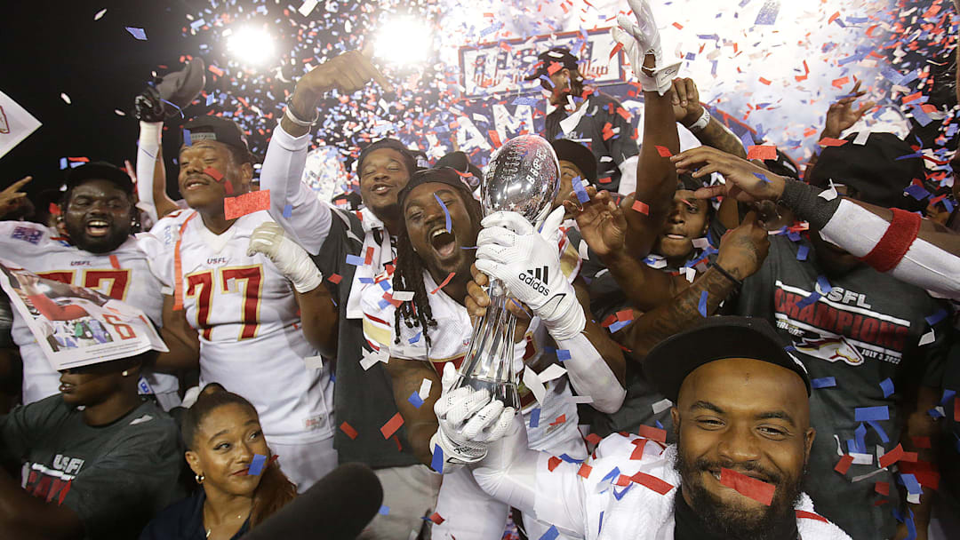 The Birmingham Stallions celebrate with the USFL league championship trophy after beating the Philadelphia Stars for the championship at Tom Benson Hall of Fame Stadium in Canton, Sunday, July 3, 2022.

Usfl Championship Game0665