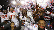 The Birmingham Stallions celebrate with the USFL league championship trophy after beating the Philadelphia Stars for the championship at Tom Benson Hall of Fame Stadium in Canton, Sunday, July 3, 2022.

Usfl Championship Game0665