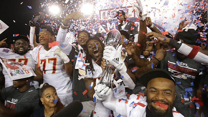 The Birmingham Stallions celebrate with the USFL league championship trophy after beating the Philadelphia Stars for the championship at Tom Benson Hall of Fame Stadium in Canton, Sunday, July 3, 2022.
Usfl Championship Game0665 The Birmingham Stallions celebrate with the USFL league championship trophy after beating the Philadelphia Stars for the championship at Tom Benson Hall of Fame Stadium in Canton, Sunday, July 3, 2022.
Usfl Championship Game0665
