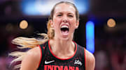 Indiana Fever guard Lexie Hull (10) celebrates a 3-pointer Tuesday, Sept. 16, 2025, during Game 2 of a WNBA playoff matchup between the Indiana Fever and the Atlanta Dream at Gainbridge Fieldhouse in Indianapolis. The Indiana Fever defeated the Atlanta Dream, 77-60.