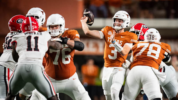 Oct 19, 2024; Austin, Texas, USA; Texas Longhorns quarterback Quinn Ewers (3) throws a pass against the Georgia Bulldogs