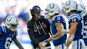 Indianapolis Colts head coach Shane Steichen congratulates his offense after a touchdown Sunday, Oct. 12, 2025, against the Arizona Cardinals at Lucas Oil Stadium in Indianapolis.