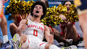 Maryland Terrapins guard Ja'Kobi Gillespie (0) celebrates after scoring Saturday, March 15, 2025, in a semifinals game at the 2025 TIAA Big Ten Men’s Basketball Tournament between the Michigan Wolverines and the Maryland Terrapins at Gainbridge Fieldhouse in Indianapolis. The Michigan Wolverines defeated the Maryland Terrapins, 81-80.