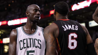 June 3, 2012; Boston, MA, USA; Boston Celtics power forward Kevin Garnett (5) and Miami Heat small; Credit: David Butler II-USA TODAY Sports