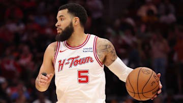 Mar 16, 2024; Houston, Texas, USA;  Houston Rockets guard Fred VanVleet (5) dribbles against the Cleveland Cavaliers in the second quarter at Toyota Center. Mandatory Credit: Thomas Shea-USA TODAY Sports