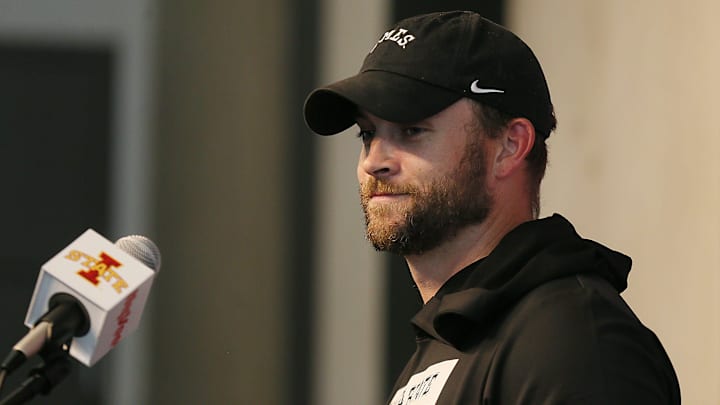 Iowa State offensive coordinator Taylor Mouser talks to media during the university’s football media availability at Stark Performance Center on Wednesday, Aug. 21, 2024, in Ames, Iowa.