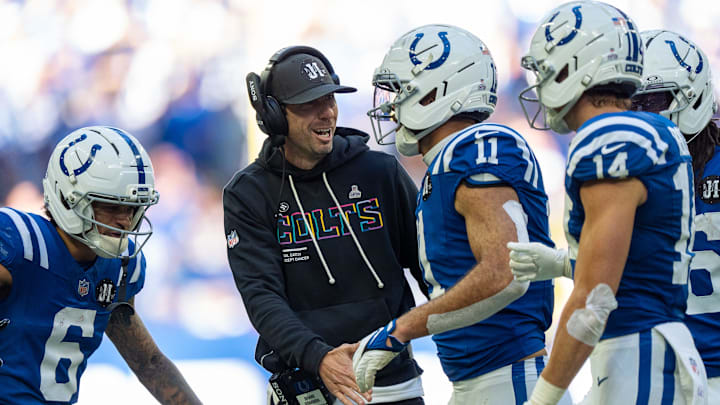 Indianapolis Colts head coach Shane Steichen congratulates his offense after a touchdown Sunday, Oct. 12, 2025, against the Arizona Cardinals at Lucas Oil Stadium in Indianapolis.