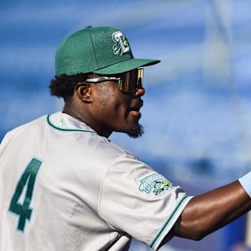 Daytona Tortugas' Jay Allen (4) says hello to fan James Russo, 5, of Port St. Lucie, before a game against the St. Lucie Mets on Tuesday, April 26, 2022, at Clover Park in Port St. Lucie. Allen is a former John Carroll Catholic star. The Daytona Tortugas is a minor league team for the Cincinnati Reds.

Tcn Jay Allen Homecoming 2