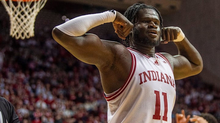 Indiana's Oumar Ballo (11) flexes during the Indiana versus University of Southern California men's basketball game at Simon Skjodt Assembly Hall on Wednesday, Jan. 8, 2025.