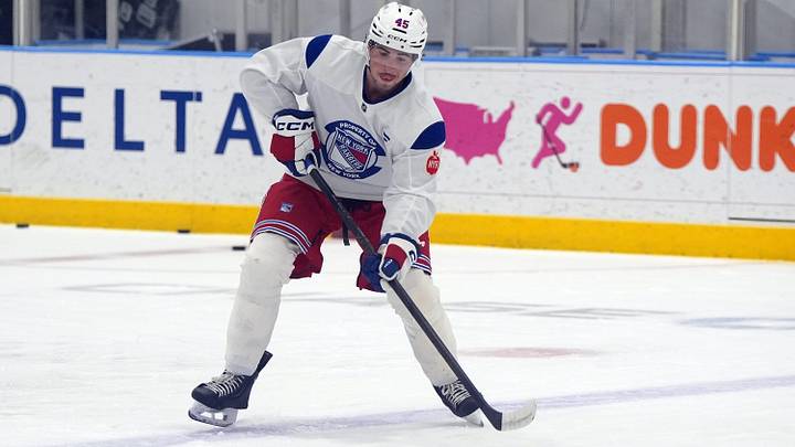NY Rangers defenseman Drew Fortescue (45) in action during a prospect development camp at the NY Rangers practice facility in Elmsford on Wednesday, July 1, 2026.