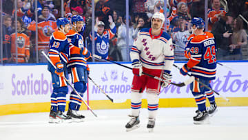 Chris Kreider skates away after an Oilers goal during a game on Saturday.