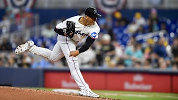 Mar 28, 2024; Miami, Florida, USA;  Miami Marlins starting pitcher Jesus Luzardo throws the ball during the first inning against the Pittsburgh Pirates, at loanDepot Park. Mandatory Credit: Michael Laughlin-Imagn Images