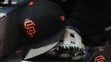 Jul 14, 2019; Milwaukee, WI, USA; San Francisco Giants hat and glove in the dug out at Miller Park. 