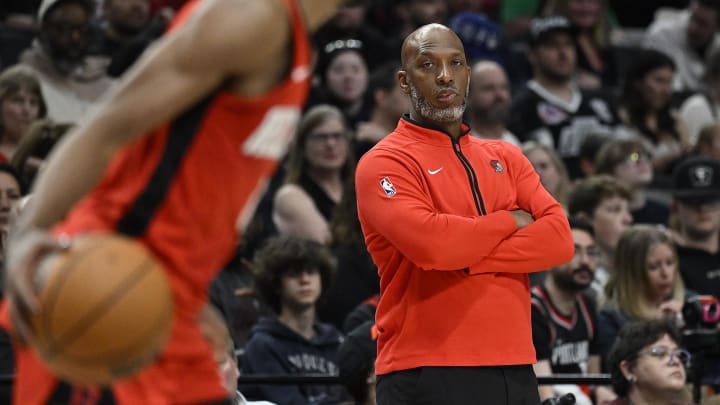 Apr 12, 2024; Portland, Oregon, USA; Portland Trail Blazers head coach Chauncey Billups watches play during the second half against the Houston Rockets at Moda Center. Mandatory Credit: Troy Wayrynen-USA TODAY Sports