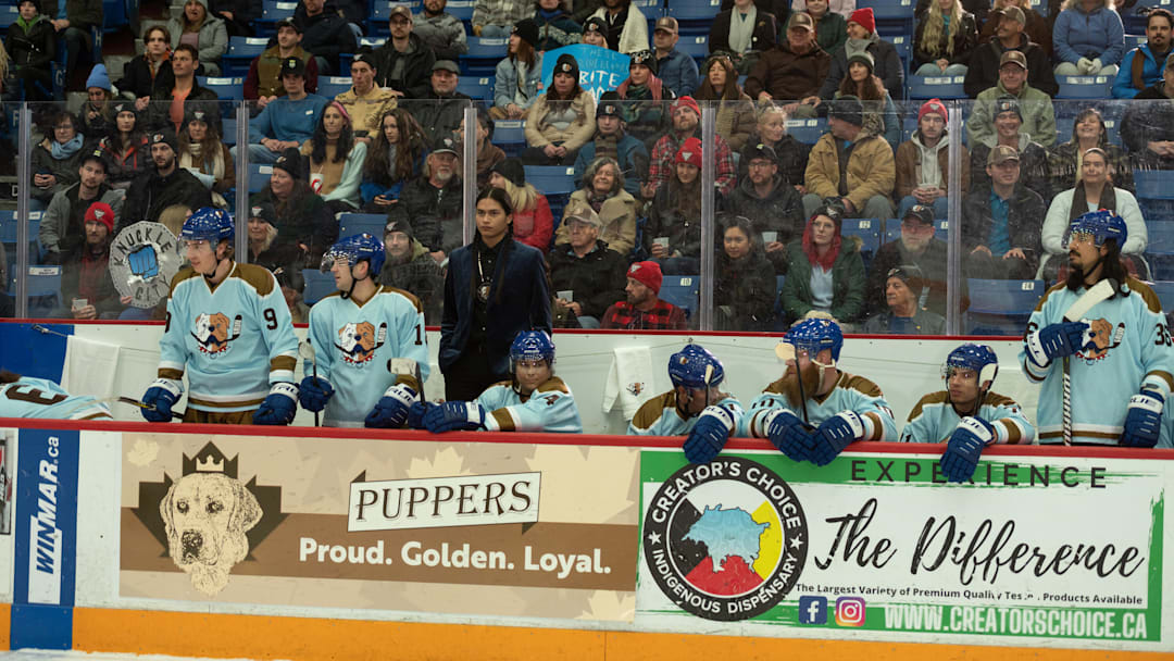 Shoresy -- “The Man Advantage” - Episode 205 -- Shoresy faces judgment from the league. Sanguinet (Harlan Kytwayhat), Jim 1 (Jon Mirasty), JJ Frankie JJ (Max Bouffard), Jim 3 (Jordan Nolan) and Jim 2 (Brandon Nolan), shown. (Photo by: Gerry Kingsley/Hulu)