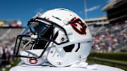 Auburn Tigers helmet on the sideline during the A-Day spring practice at Jordan-Hare Stadium in Auburn, Ala., on Saturday, April 9, 2022.