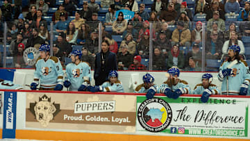 Shoresy -- “The Man Advantage” - Episode 205 -- Shoresy faces judgment from the league. Sanguinet (Harlan Kytwayhat), Jim 1 (Jon Mirasty), JJ Frankie JJ (Max Bouffard), Jim 3 (Jordan Nolan) and Jim 2 (Brandon Nolan), shown. (Photo by: Gerry Kingsley/Hulu)