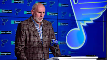 Feb 18, 2020; St. Louis, Missouri, USA;  St. Louis Blues general manager Doug Armstrong talks with the media about the acquisition of defenseman Marco Scandella from the Montreal Canadians prior to a game against the New Jersey Devils at Enterprise Center. Mandatory Credit: Jeff Curry-Imagn Images