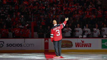 Former New Jersey Devils defenseman Ken Daneyko is honored before the start of the Devils game . Mandatory Credit: Ed Mulholland-Imagn Images