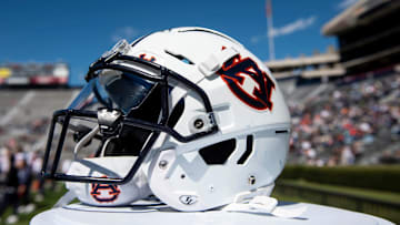 Auburn Tigers helmet on the sideline during the A-Day spring practice at Jordan-Hare Stadium in Auburn, Ala., on Saturday, April 9, 2022.