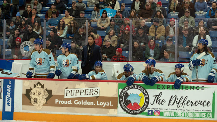 Shoresy -- “The Man Advantage” - Episode 205 -- Shoresy faces judgment from the league. Sanguinet (Harlan Kytwayhat), Jim 1 (Jon Mirasty), JJ Frankie JJ (Max Bouffard), Jim 3 (Jordan Nolan) and Jim 2 (Brandon Nolan), shown. (Photo by: Gerry Kingsley/Hulu)
