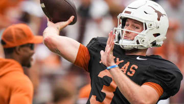 Texas Longhorns quarterback Quinn Ewers (3) throws a pass while warming up ahead of the Longhorns' spring Orange and White game at Darrell K Royal Texas Memorial Stadium in Austin, Texas, April 20, 2024.