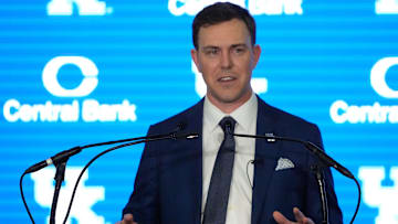 New Kentucky Wildcat head coach Will Stein makes remarks as he is introduced at Kentucky on Wednesday, December 3, 2025
