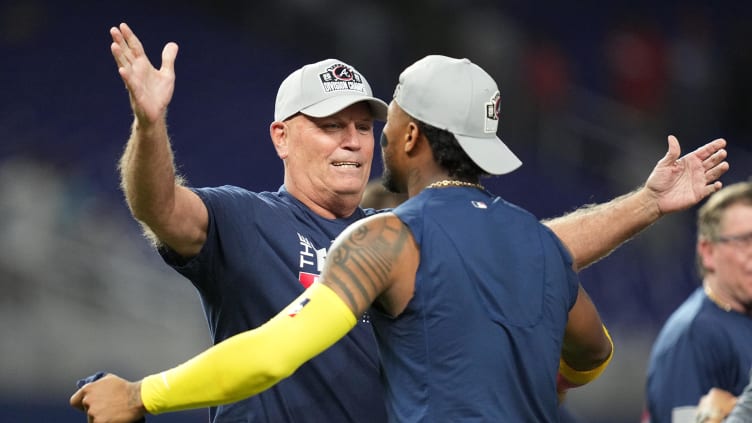 Oct 4, 2022; Miami, Florida, USA; Atlanta Braves manager Brian Brian Snitker celebrates winning the